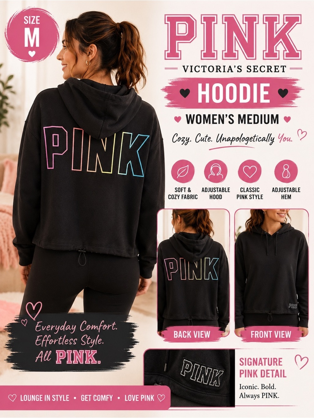 PINK Victoria's Secret Black Teddy Jacket with Rainbow Outline Logo MEDIUM